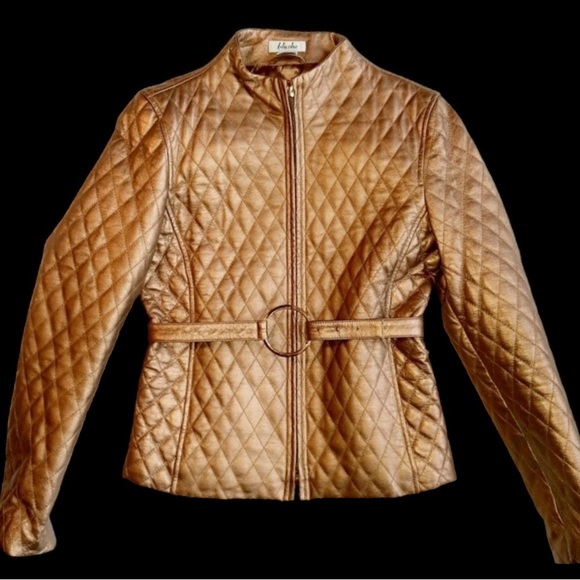 NEW Vintage 80s 90s Blushe Impressions Gold Quilted Leather Zipper Jacket w/belt - Picture 5 of 14